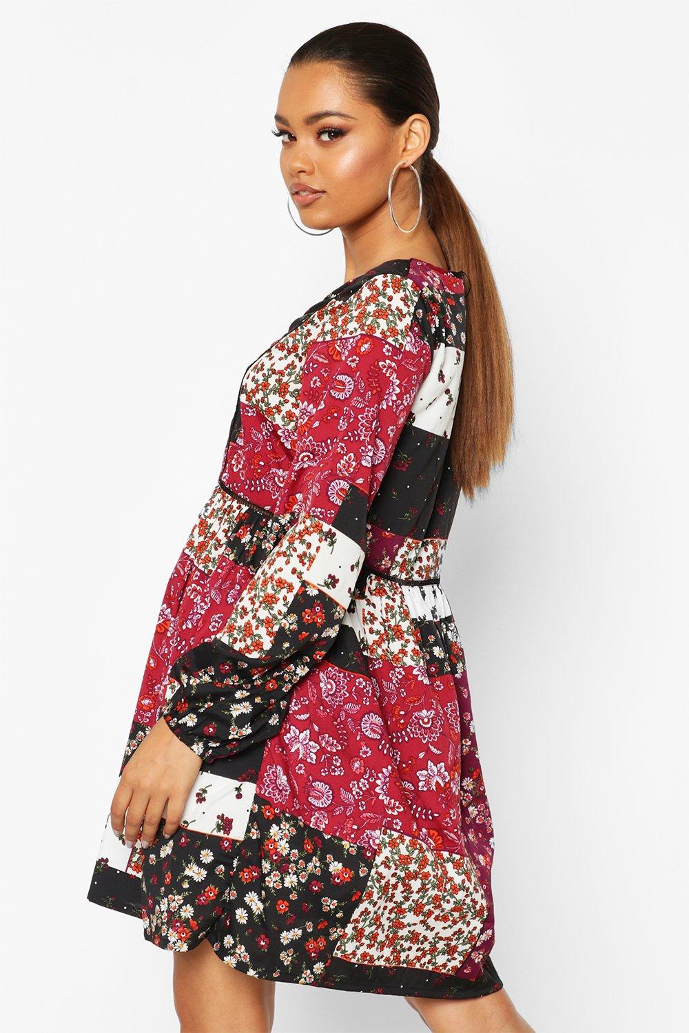 Patchwork print tassel detail hotsell smock dress