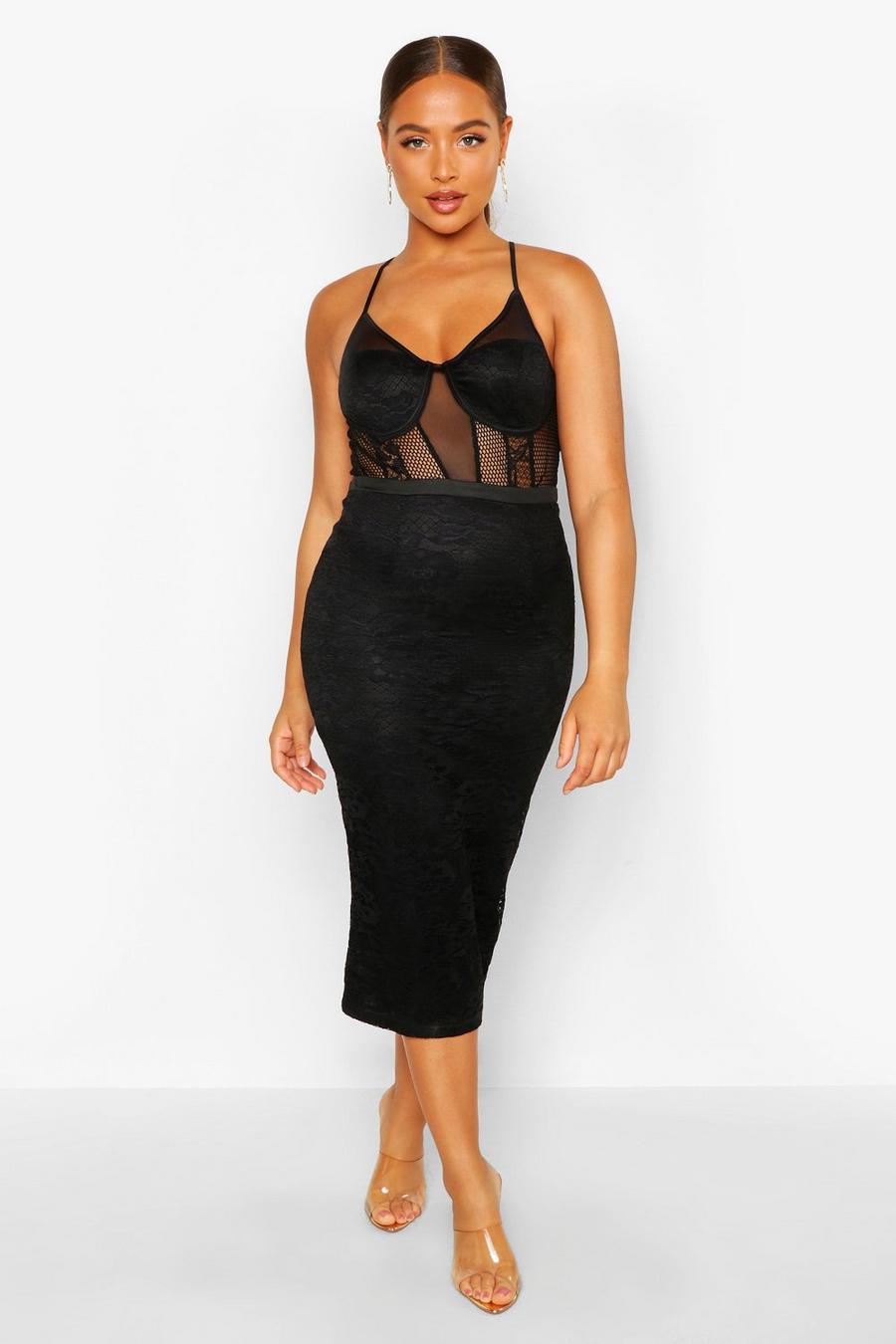 Lace Cupped Mesh Panel Midi Dress image number 1