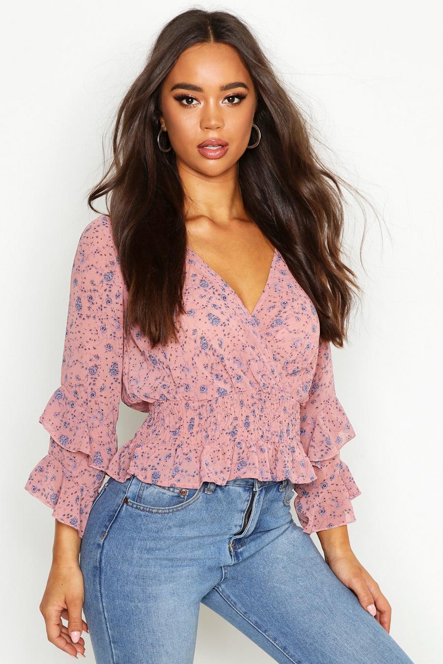 Blush rosa Woven Floral Print Ruffle Detail Blouse image number 1