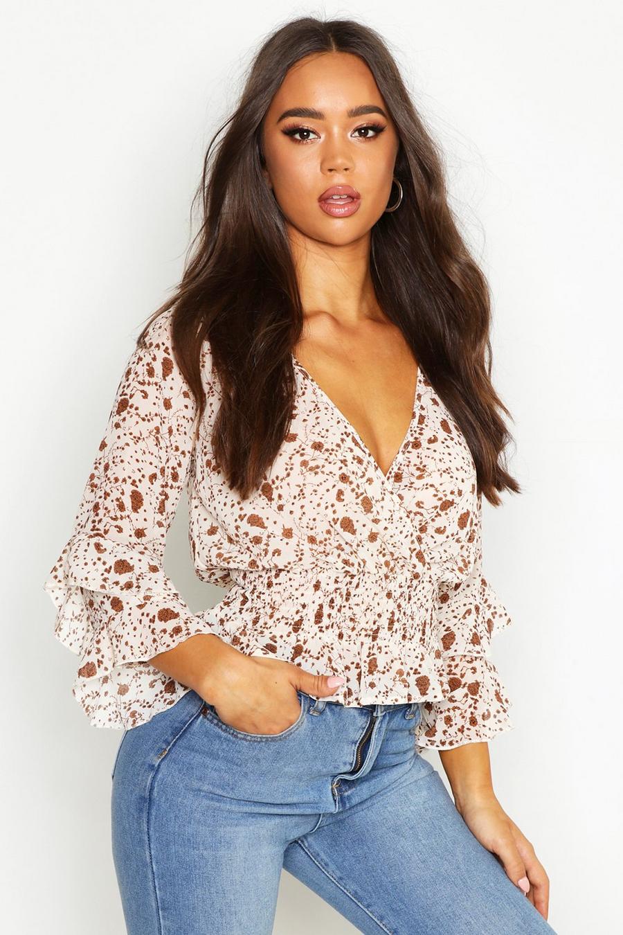 Ivory weiß Woven Floral Print Ruffle Detail Blouse