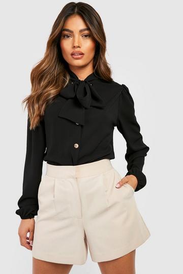 Pussybow Button Through Puff Sleeve Blouse black