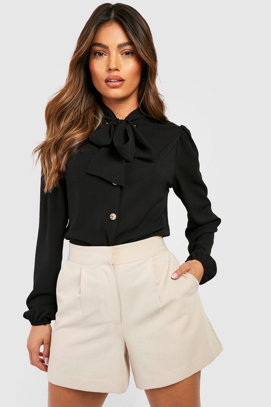 Black Pussybow Button Through Puff Sleeve Blouse image number 1