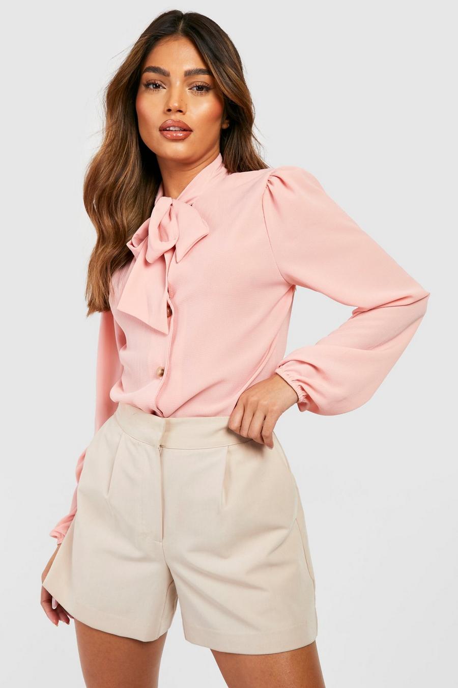 Blusa con mangas abullonadas y botones con lazo en el cuello, Blush rosa