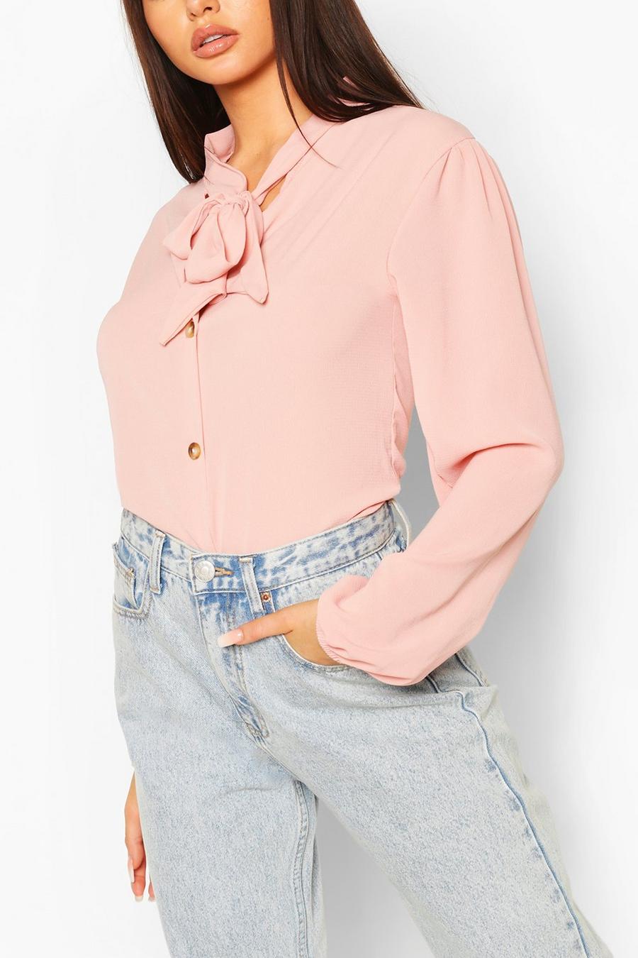 Pink Pussybow Button Through Puff Sleeve Blouse image number 1