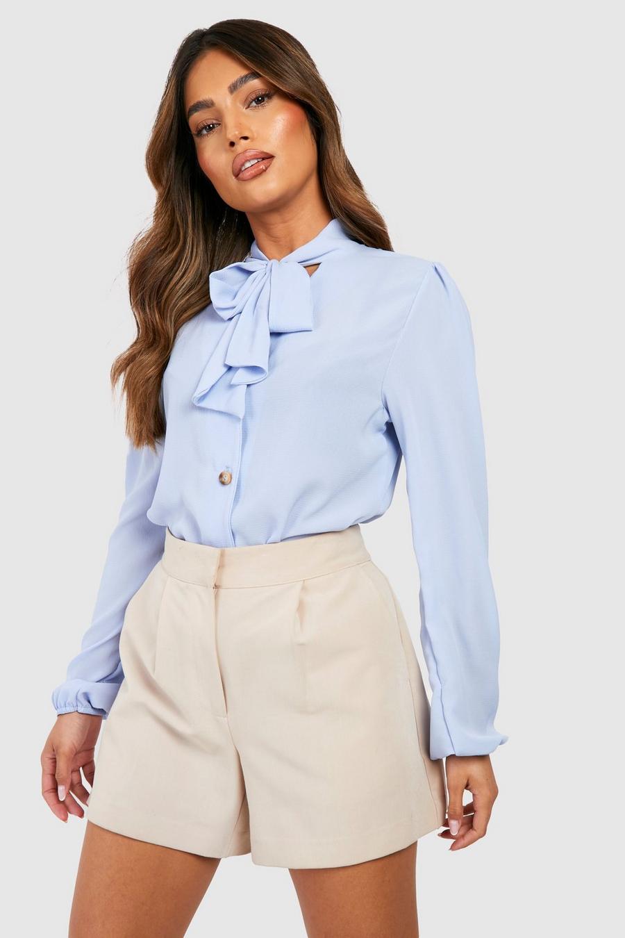 Sky Pussybow Button Through Volume Sleeve Blouse image number 1