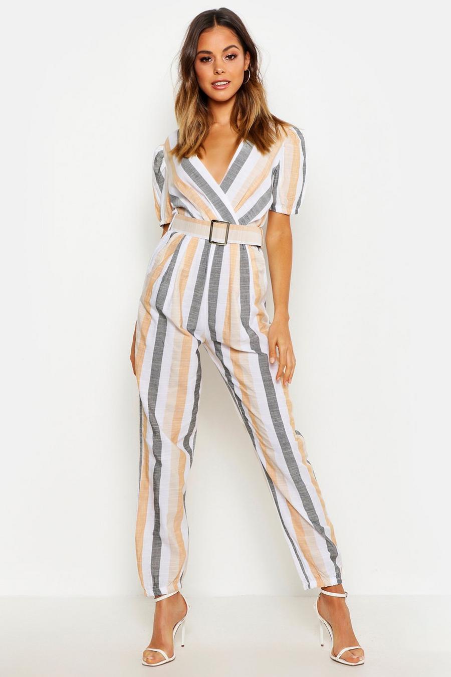 Linen Look Stripe Belted Tailored Jumpsuit image number 1