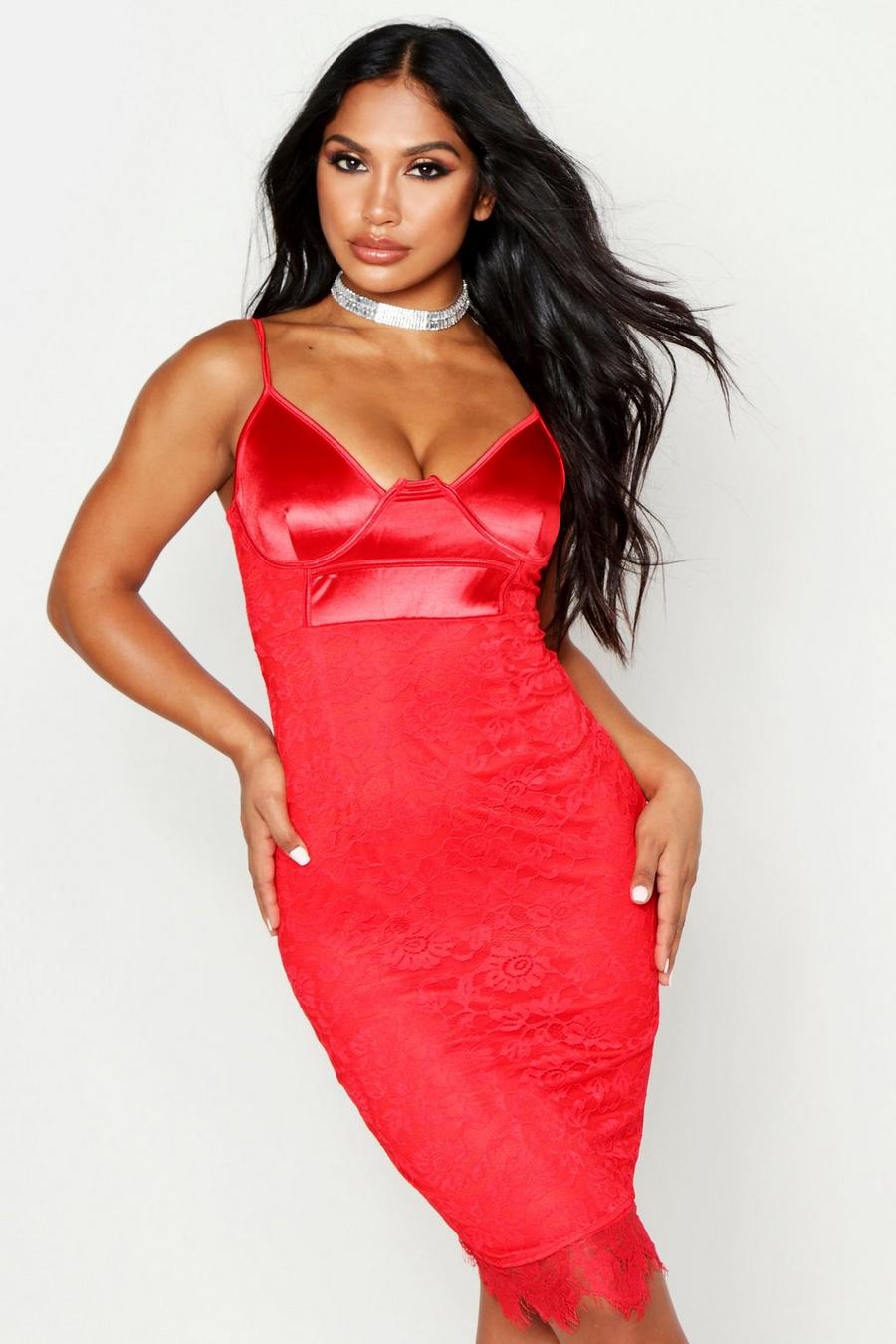 Stretch Satin Cupped Lace Midi Dress image number 1