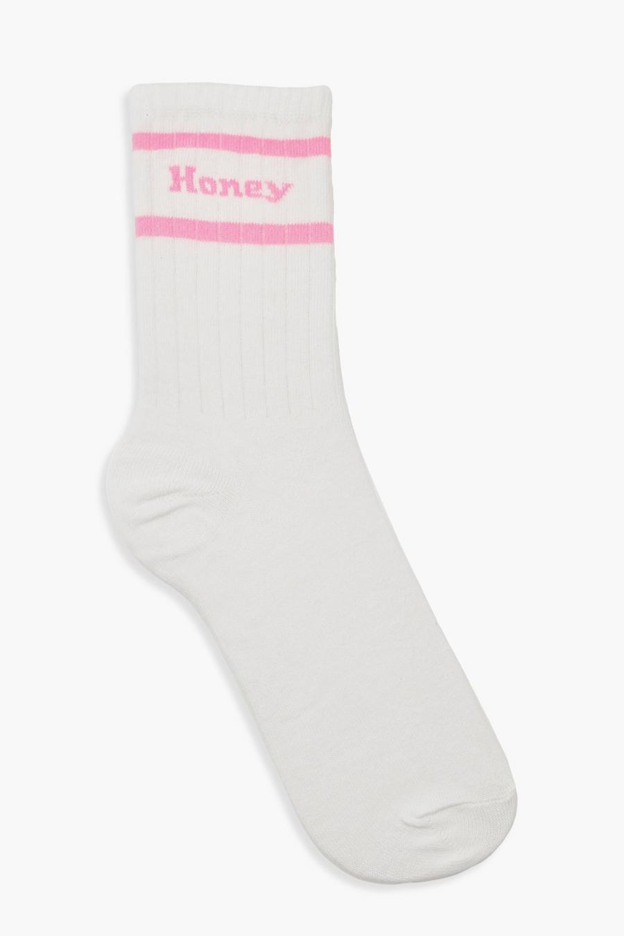 White "Honey" strumpor med slogan i neonfärg image number 1