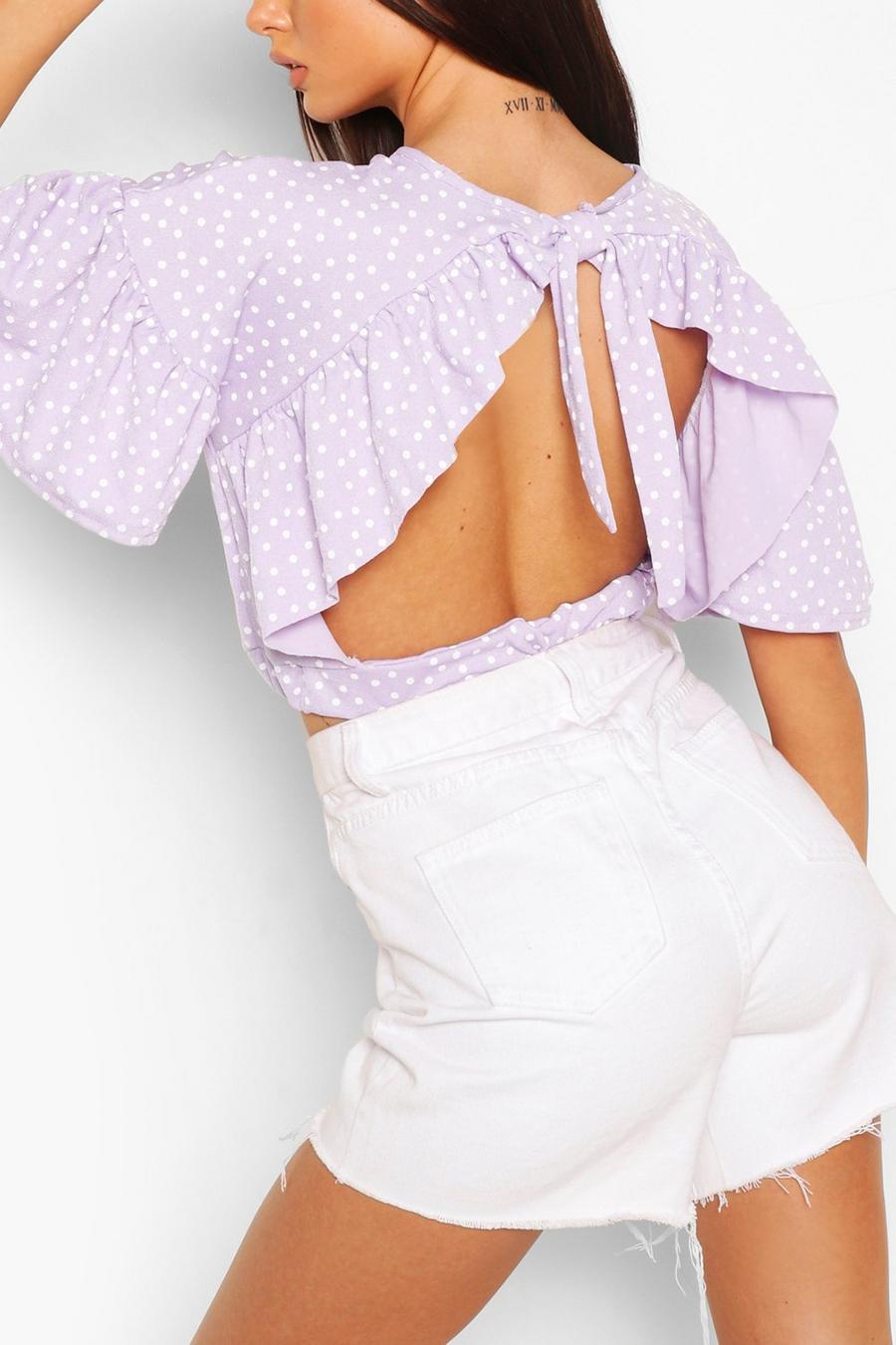 Lilac Polka Dot Ruffle Sleeve Tie Neck Top image number 1
