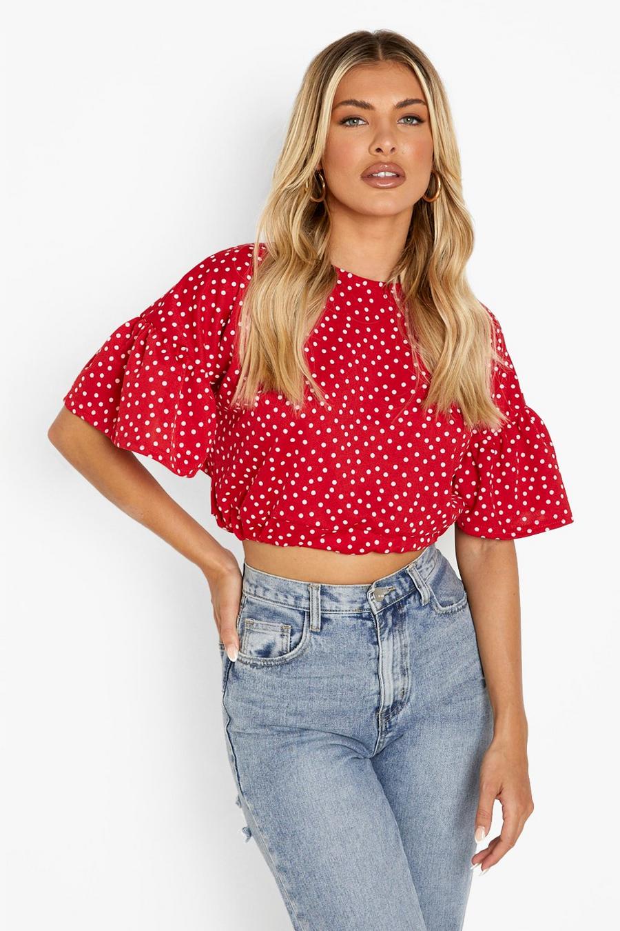Red Polka Dot Ruffle Sleeve Tie Neck Top image number 1