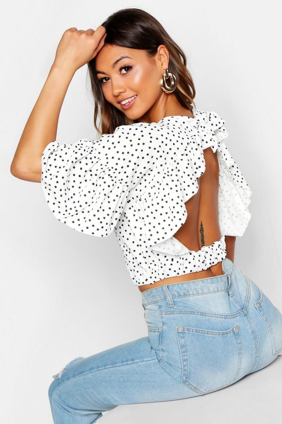 White Polka Dot Ruffle Sleeve Tie Neck Top image number 1