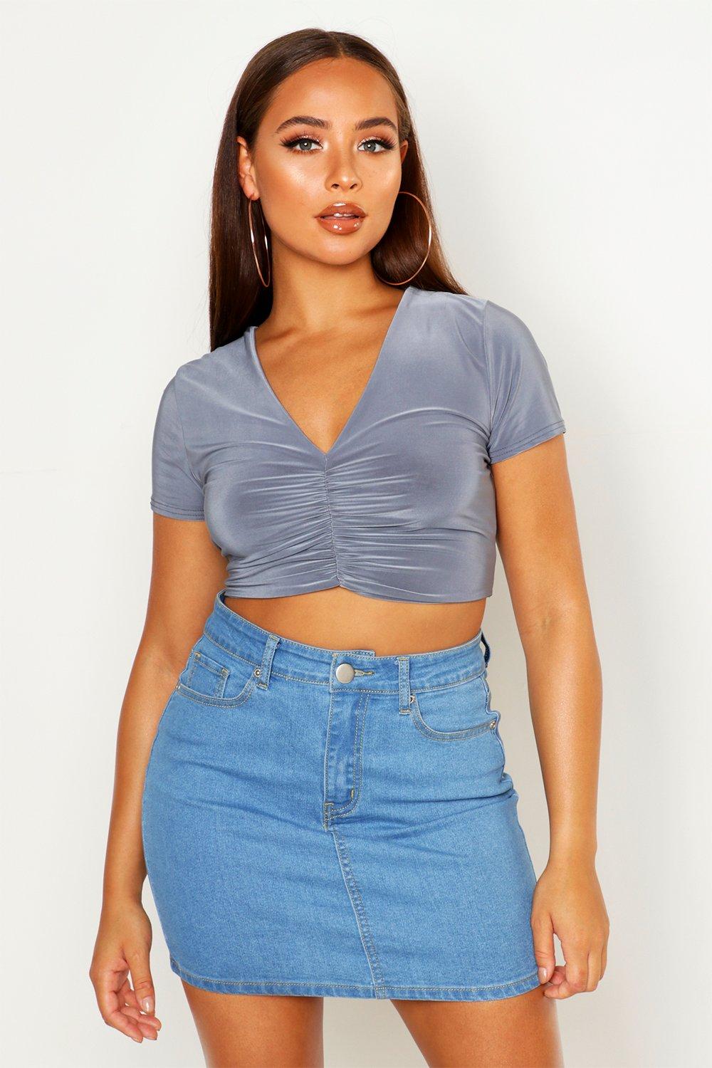 Double Layer V Neck Ruched Front Top boohoo NZ