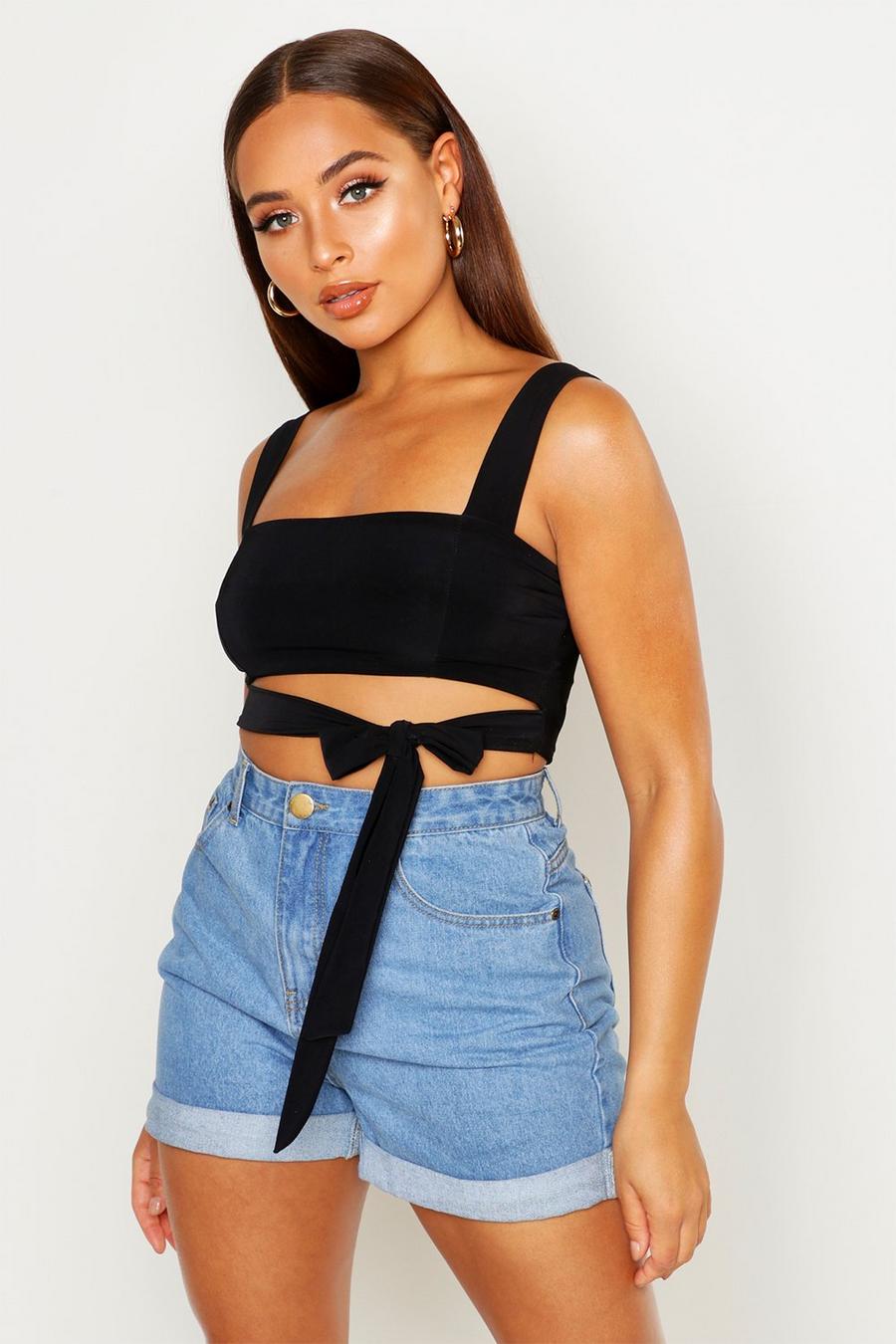 Black Double Layer Crop Top With Tie Front image number 1
