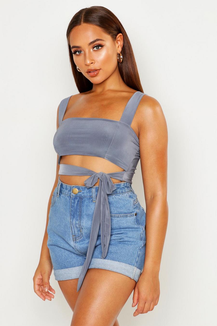 Charcoal Double Layer Crop Top With Tie Front image number 1