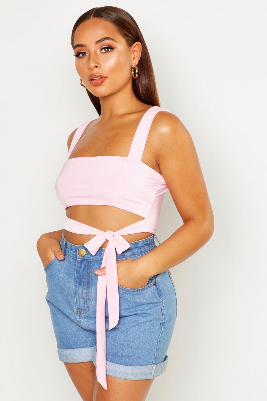 Pale pink Double Layer Crop Top With Tie Front image number 1