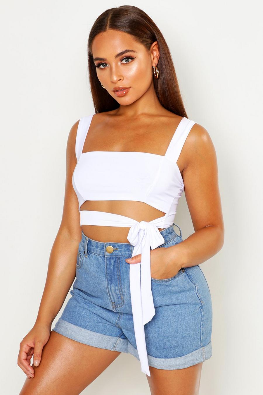 White Double Layer Crop Top With Tie Front image number 1