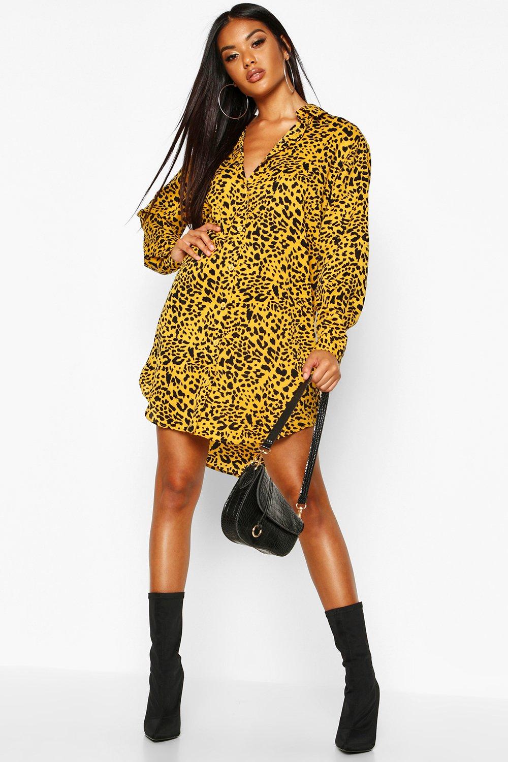 yellow leopard print shirt dress