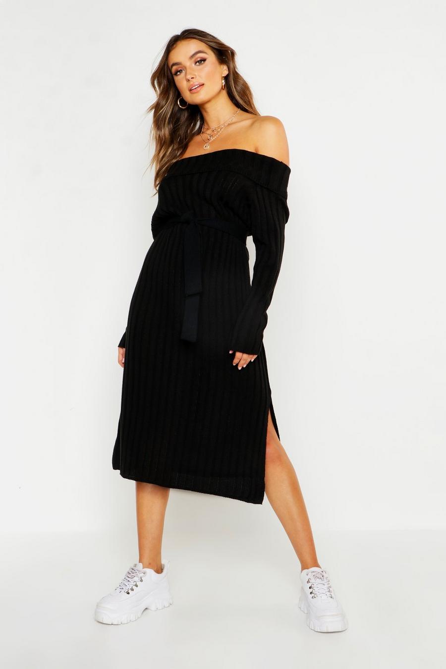 Knitted Off The Shoulder Tie Waist Midi Dress image number 1