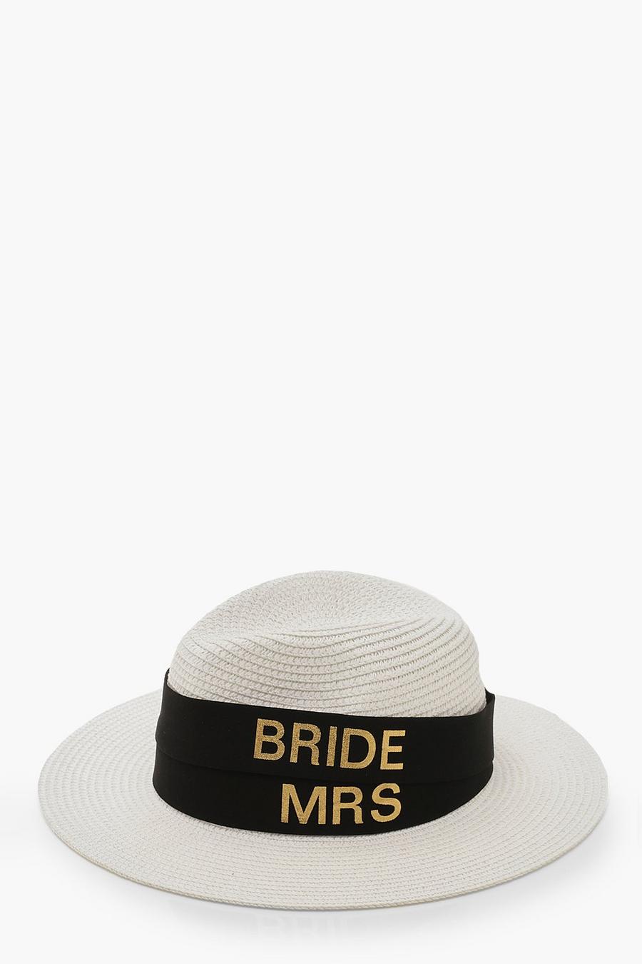 Cappello tipo Fedora in paglia con nastro e scritta Mrs & Bride image number 1