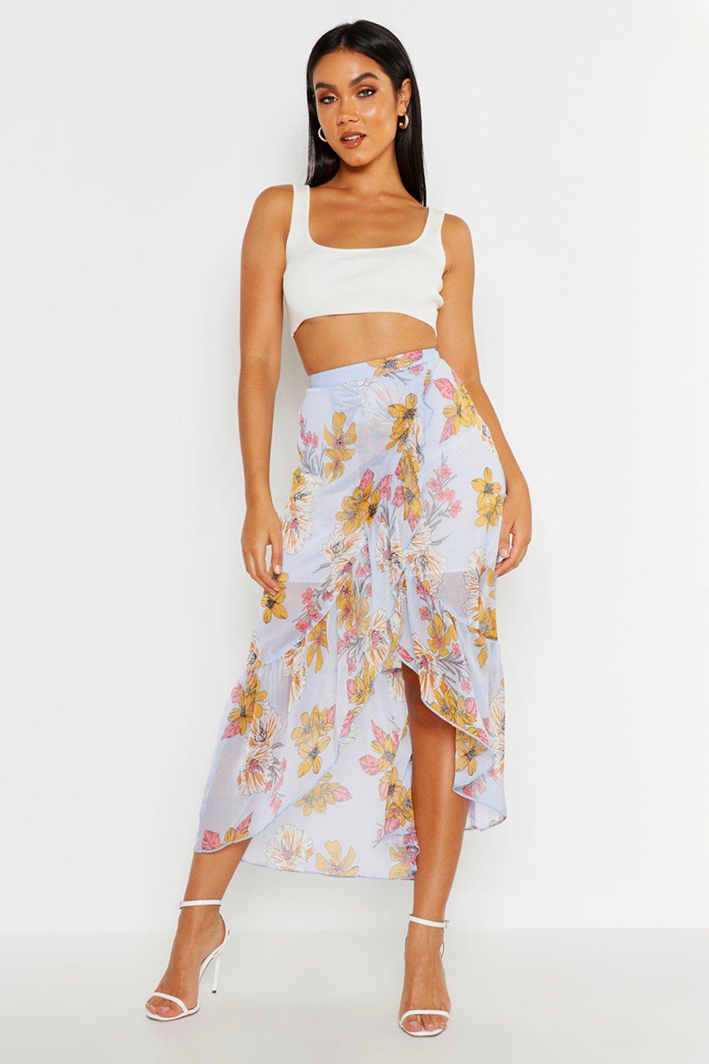 Dipped Hem Floral Maxi Skirt