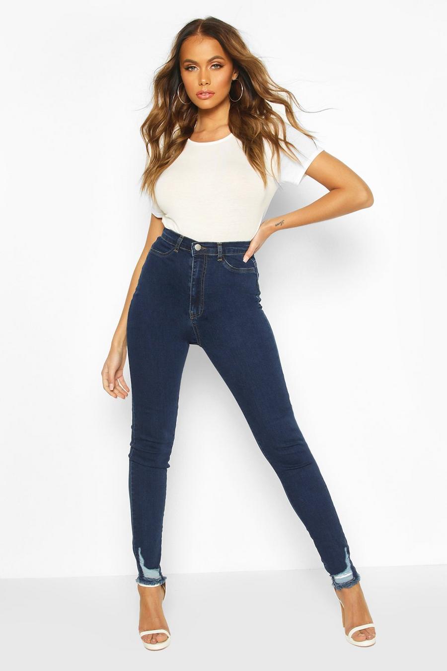 Jeans Skinny Fit super elasticizzati con fondo sfilacciato, Blu scuro image number 1