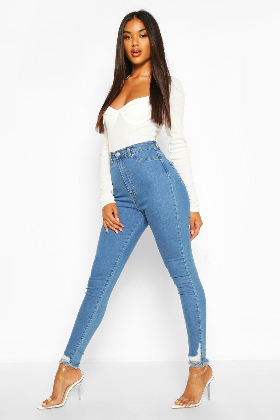 Power-Stretch Skinny Jeans mit ausgefranstem Saum, Hellblau image number 1