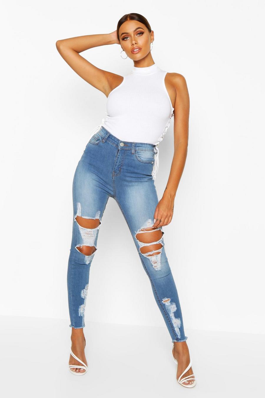 Jeans skinny elasticizzati a vita alta effetto consumato, Azzurro chiaro image number 1
