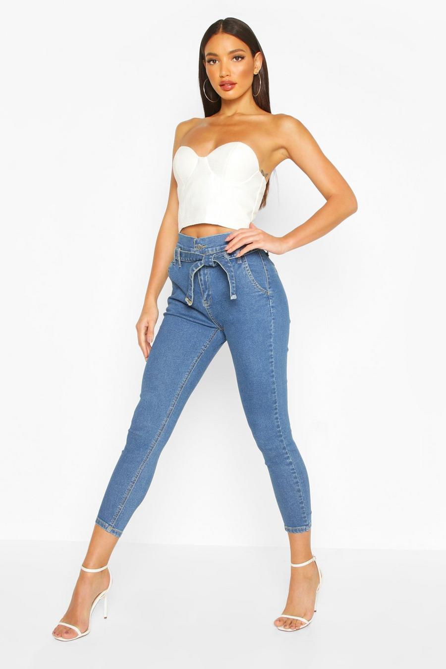 Mid blue Skinny jeans med hög midja och knytband image number 1