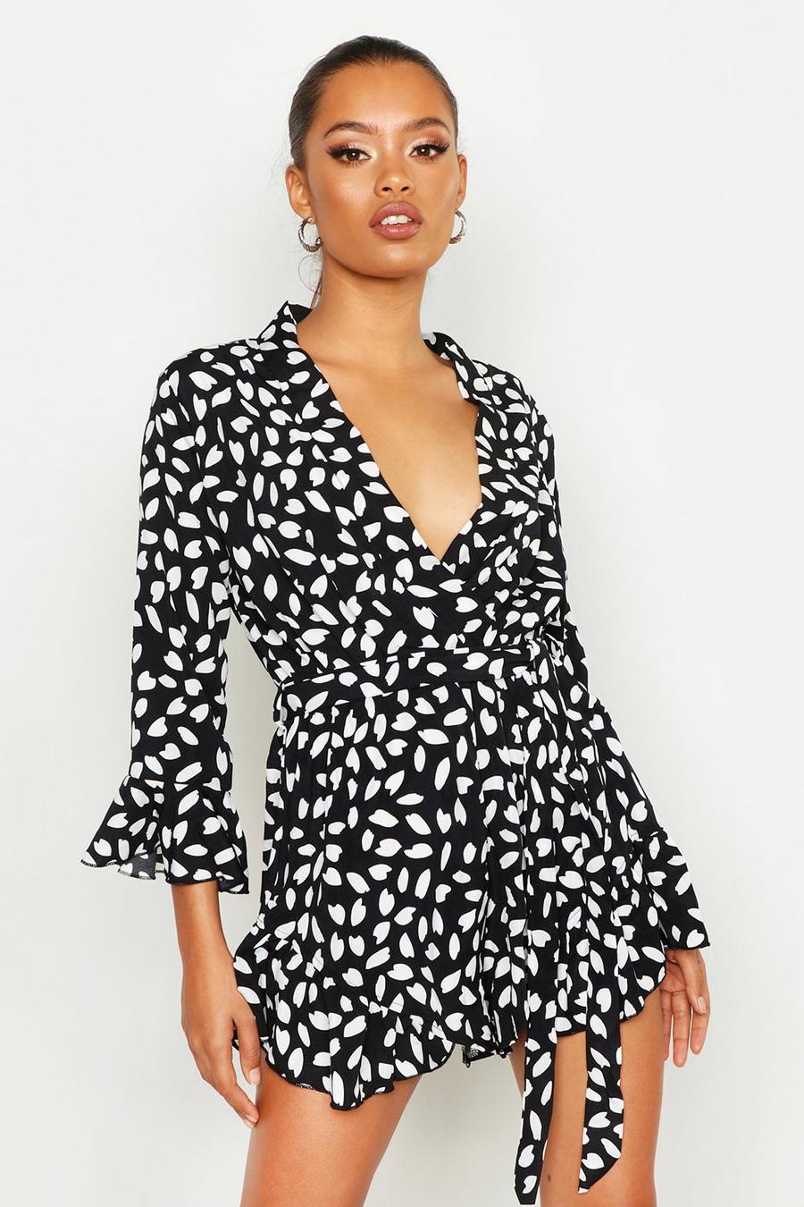 Black Smudge Print Ruffle Wrap Playsuit image number 1