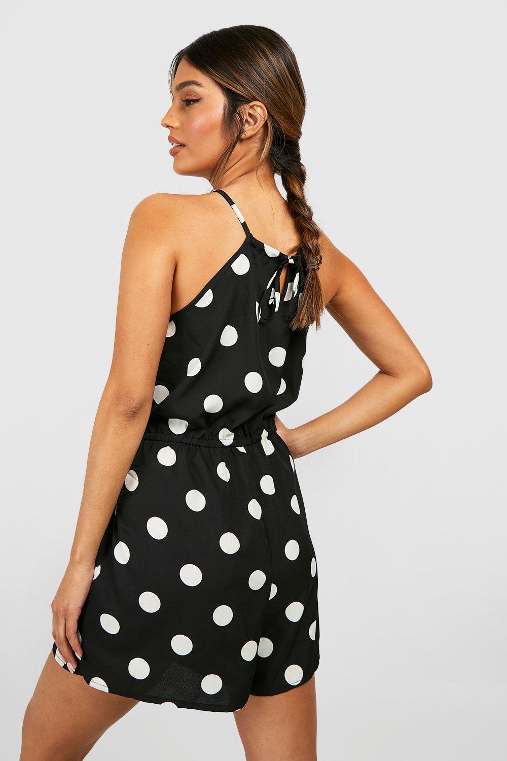 Boohoo Polka Dot Batwing Belted Romper in Black Womens Clothing Jumpsuits and rompers Playsuits 