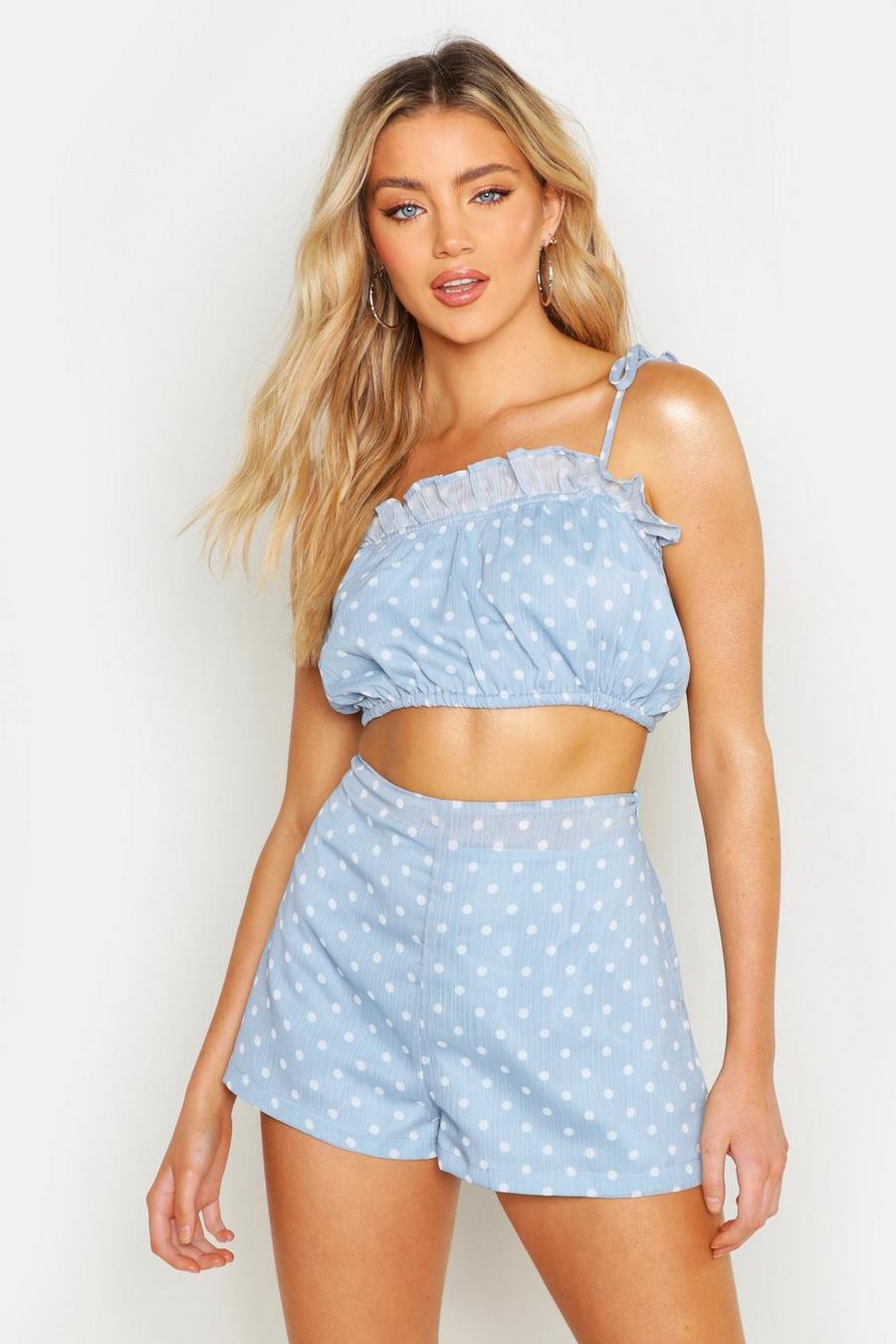 Polka Dot Ruched Cup Crop Top image number 1