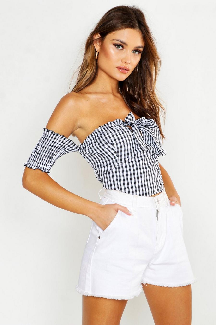 Woven Tie Front Gingham Crepe Top image number 1