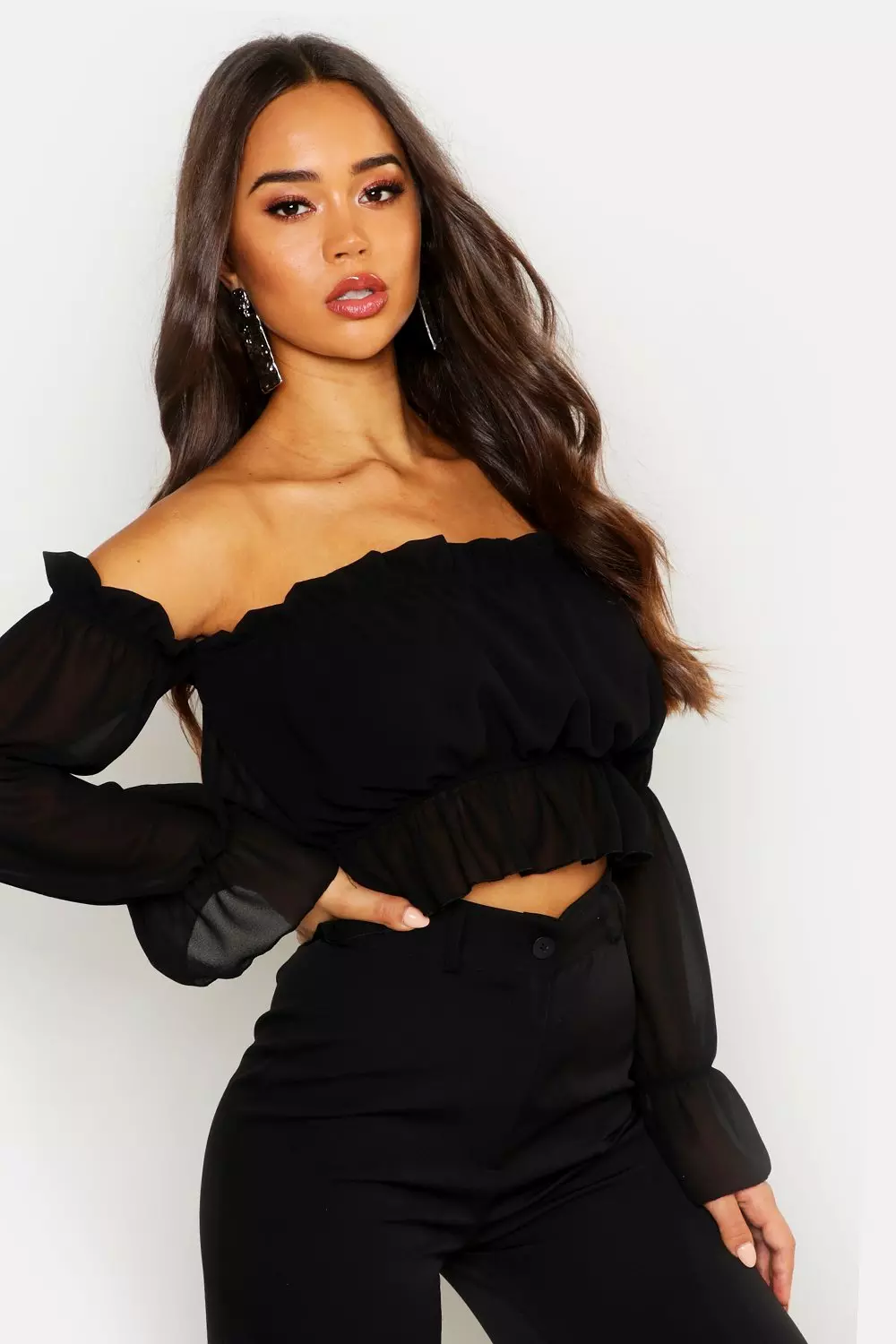 Black bardot store top with sleeves