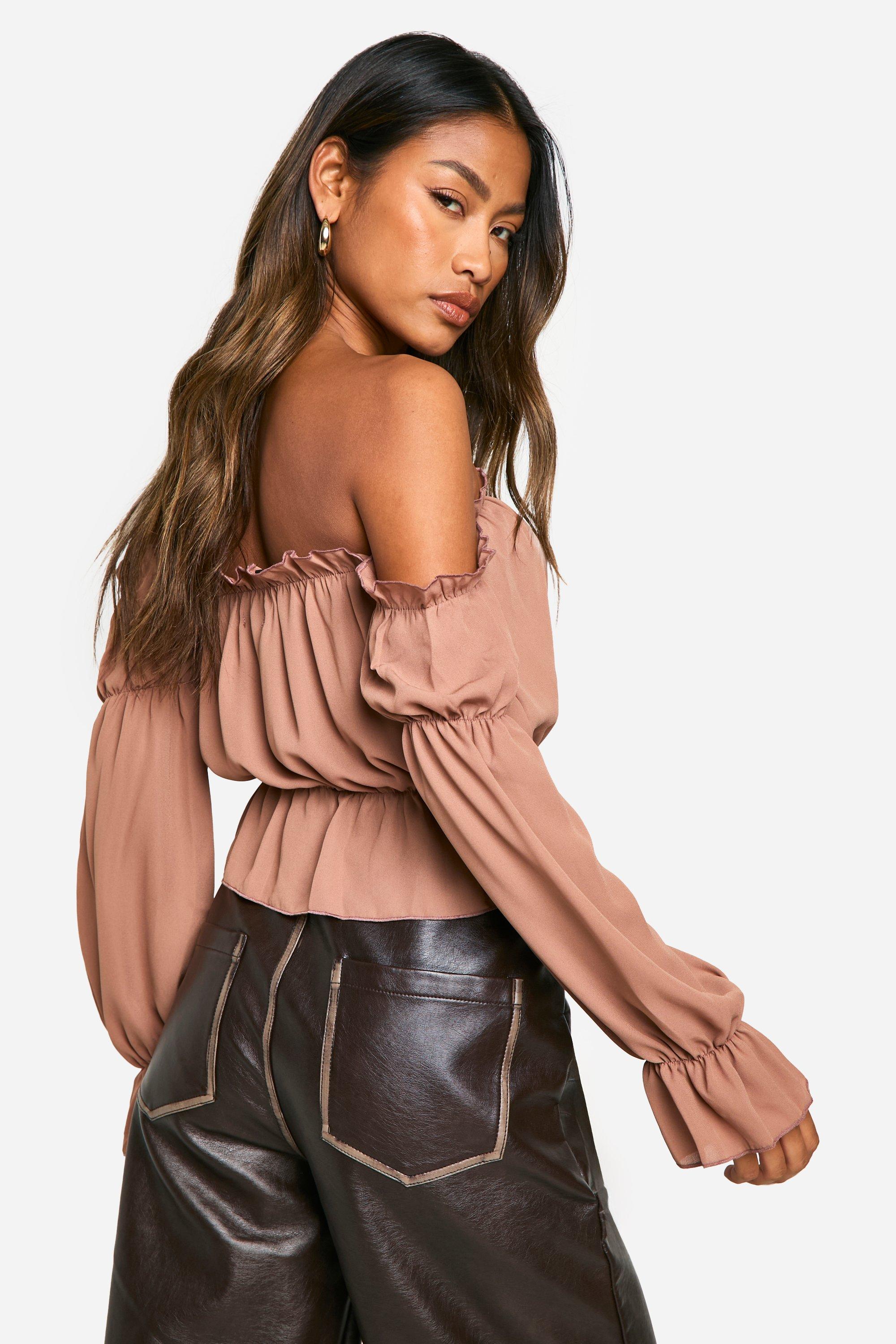 Woven Volume Sleeve Ruched Bardot Top boohoo UK