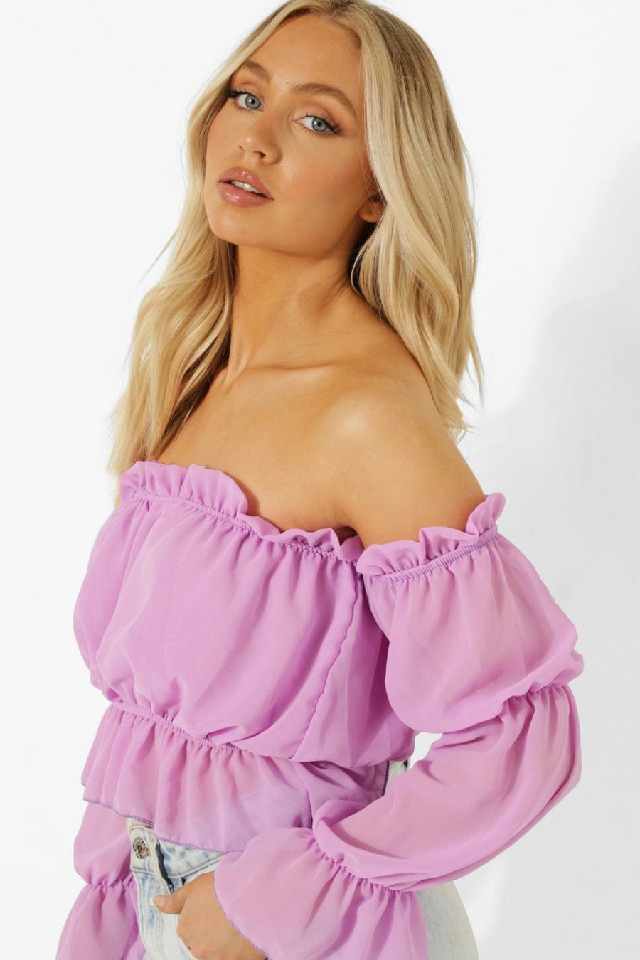 Lilac Woven Puff Sleeve Ruched Off The Shoulder Top image number 1
