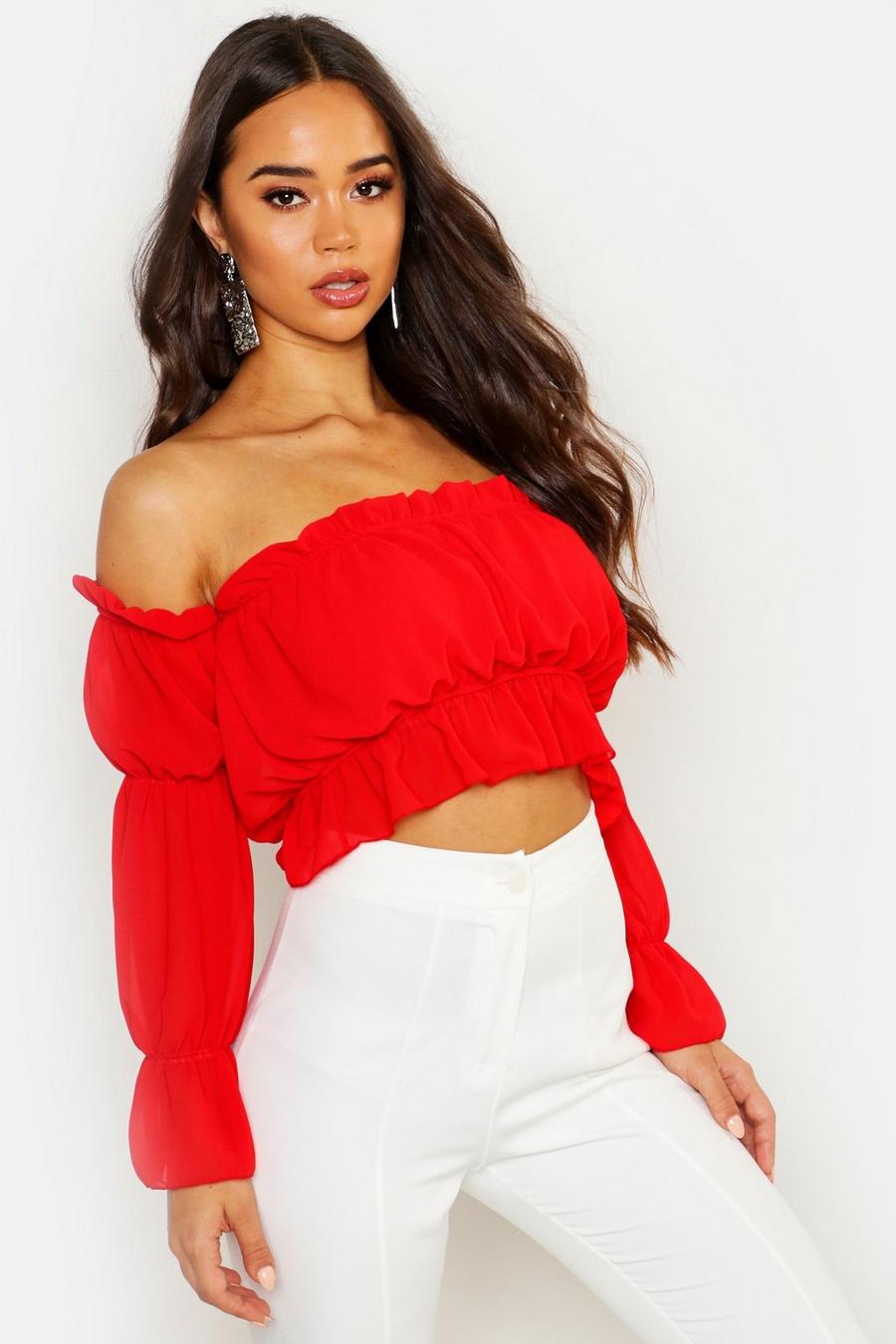 Red Woven Puff Sleeve Ruched Off The Shoulder Top image number 1