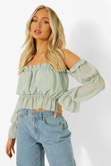 Sage Green Woven Volume Sleeve Ruched Bardot Top