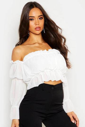 Woven Puff Sleeve Ruched Off The Shoulder Top white