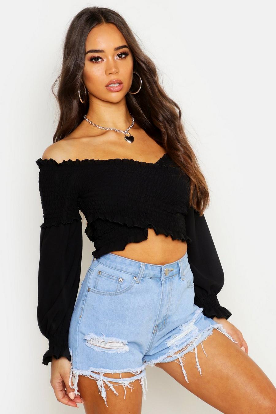 Woven Shirred Cross Front Volume Sleeve Crop Top image number 1