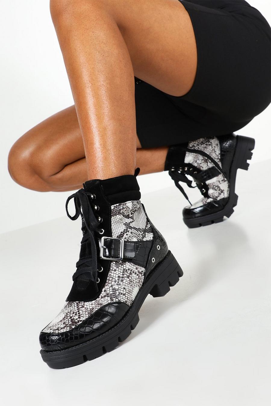 Grey Snake & Croc Chunky Combat Boots image number 1