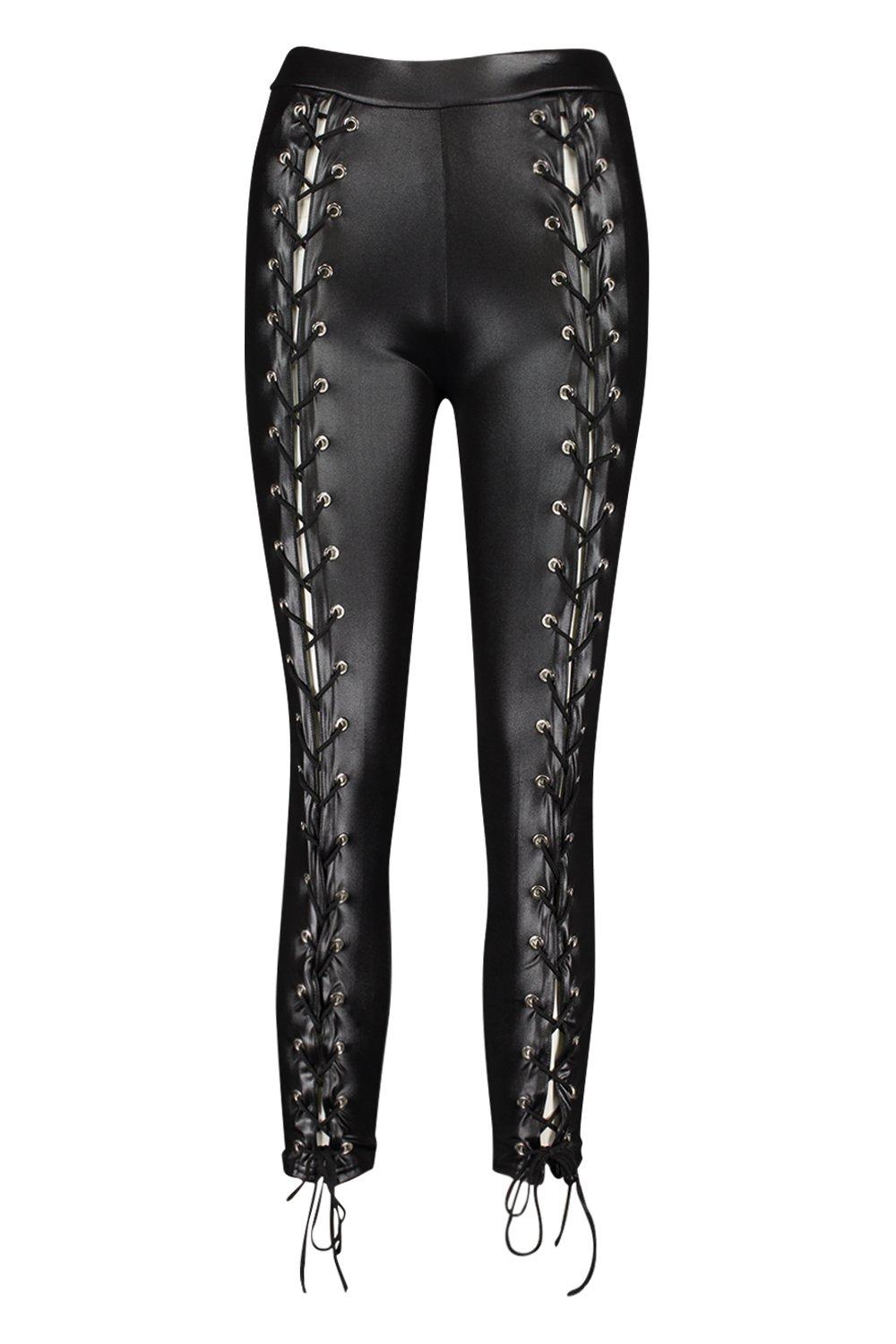 Wet Look Lace Up Front Leggings