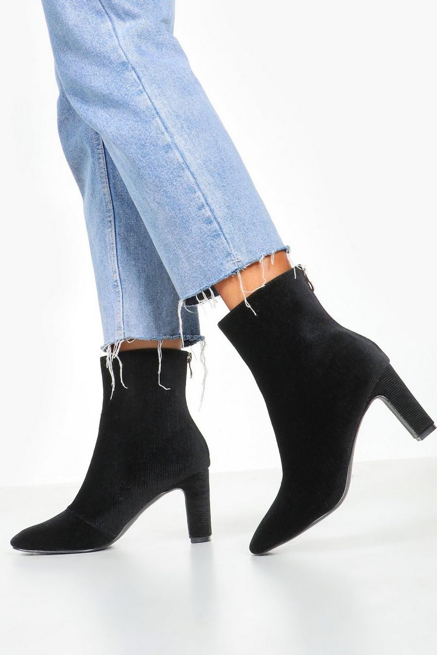 Black svart Cord Low Heel Shoe Boots image number 1