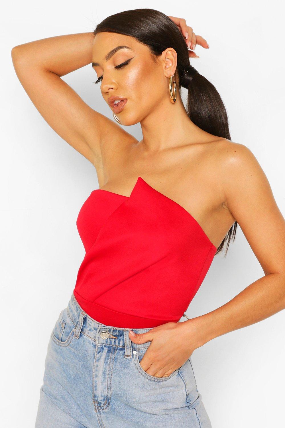 red bandeau wrap bodycon dress