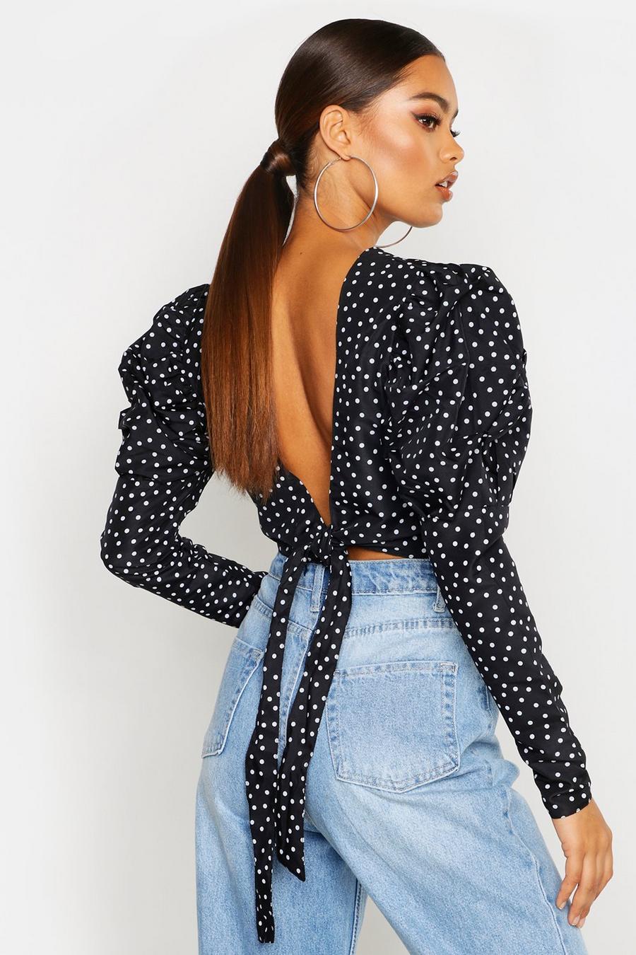 Black Polka Dot Open Back Blouse image number 1