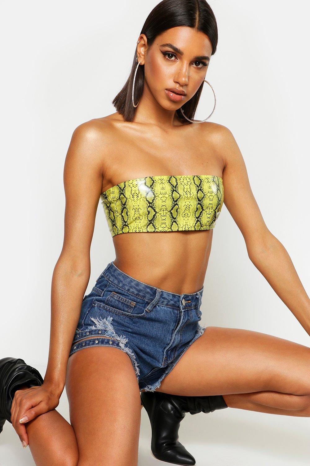 PU Neon Snake Print Bandeau Crop Top boohoo NZ