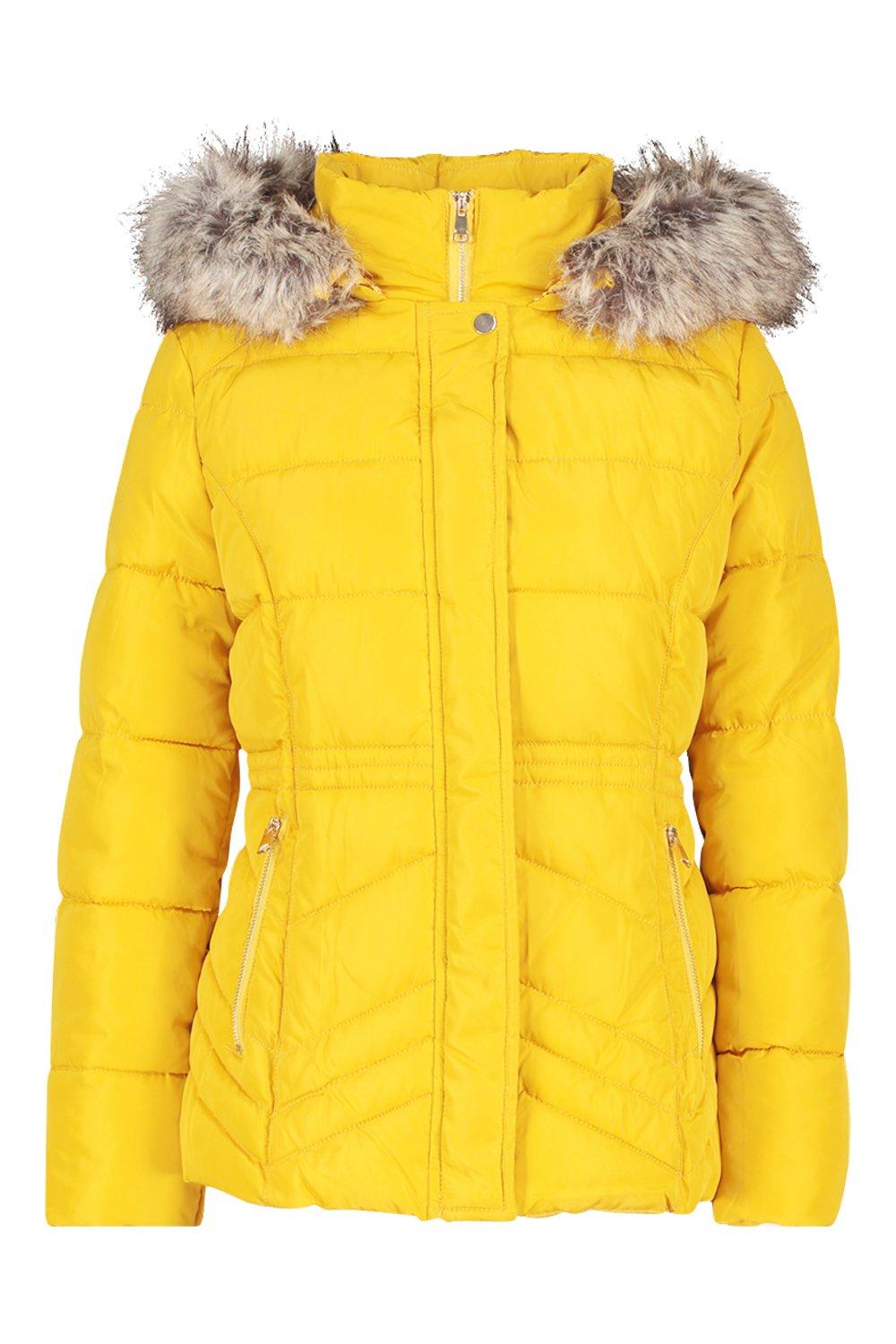 mustard faux fur trim hooded puffer coat