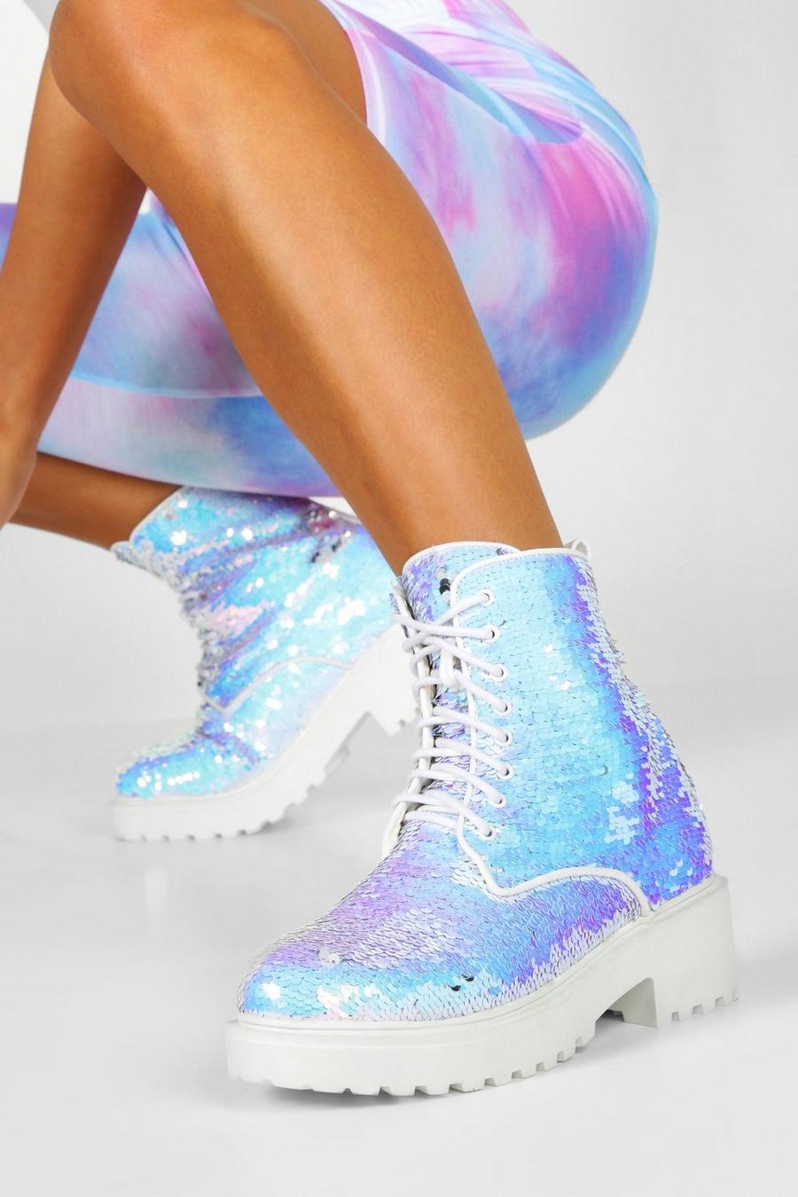 White Sequin Chunky Combat Boots image number 1