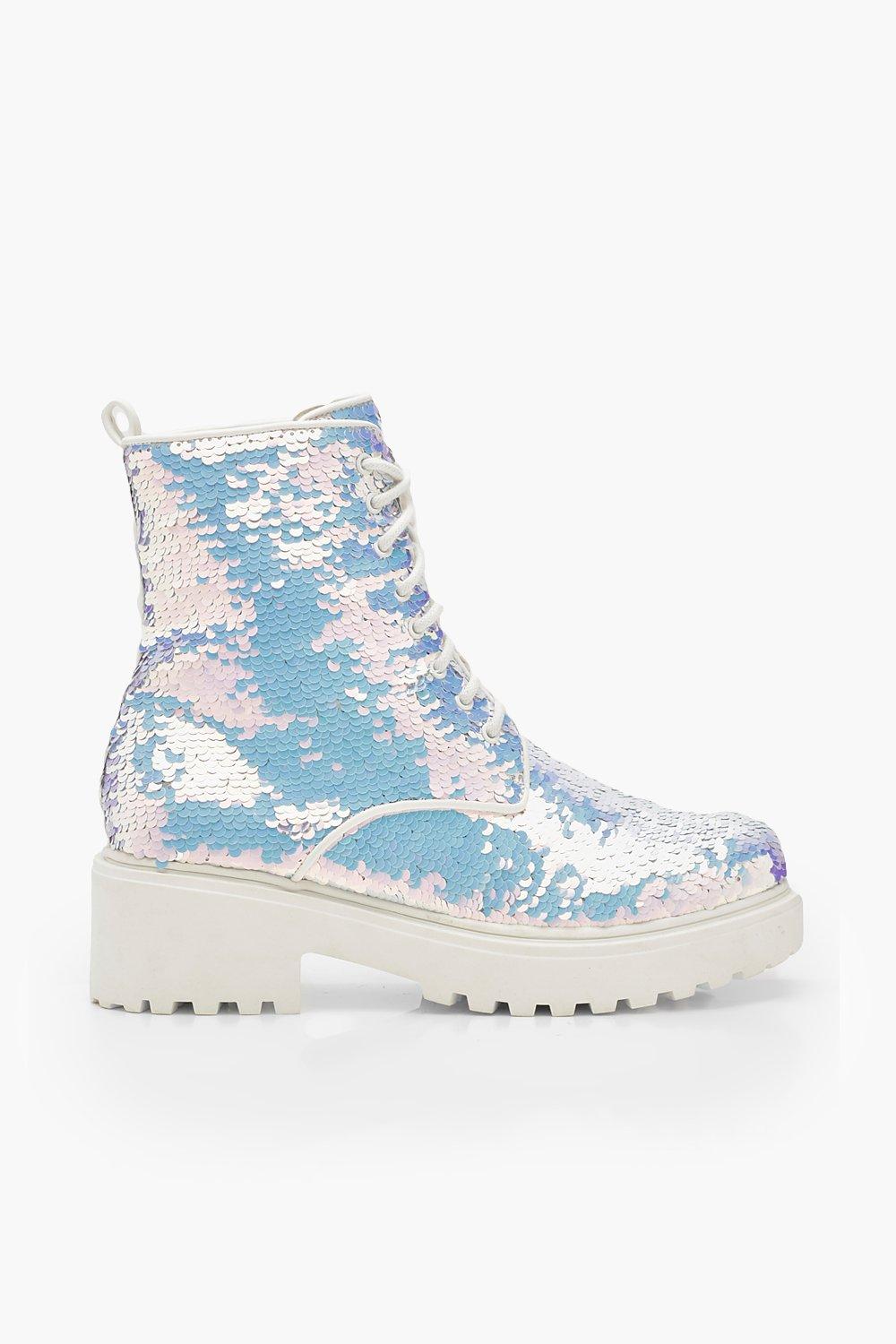 Confused Destroy Objector Sequin Chunky Combat Boots | boohoo