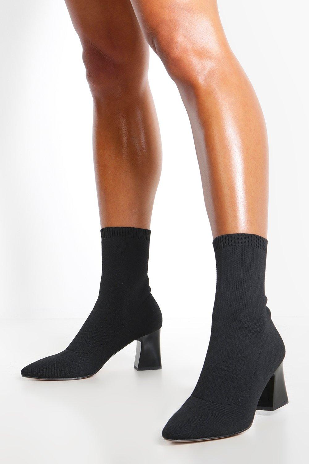 Knitted Low Block Heel Sock Boots | boohoo