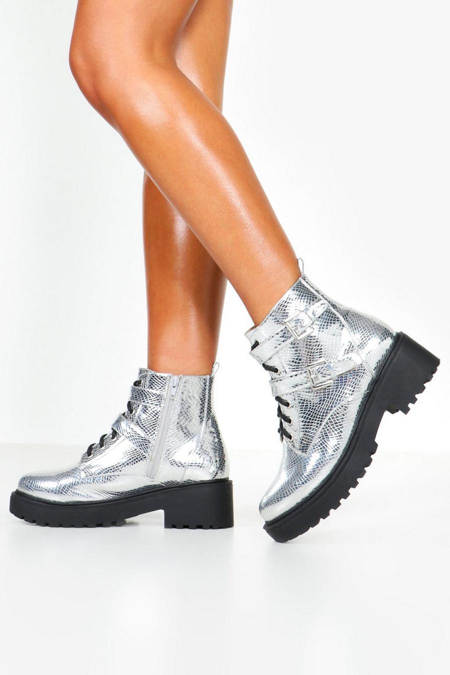 Silver Metallic Chunky Combat Boots image number 1